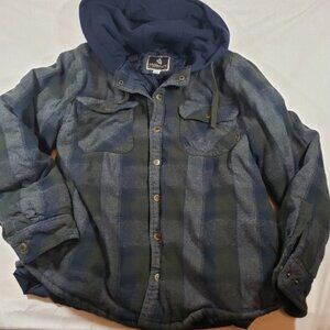 Legendary Outfitters Button Up Flannel Jacket Hood Size L Blue/Green Plaid Lined